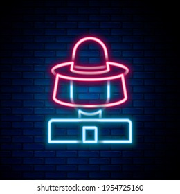 Glowing neon line Beekeeper with protect hat icon isolated on brick wall background. Special protective uniform. Colorful outline concept. Vector