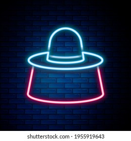 Glowing neon line Beekeeper with protect hat icon isolated on brick wall background. Special protective uniform. Colorful outline concept. Vector