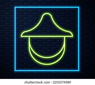 Glowing neon line Beekeeper with protect hat icon isolated on brick wall background. Special protective uniform.  Vector