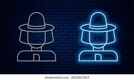 Glowing neon line Beekeeper with protect hat icon isolated on brick wall background. Special protective uniform.  Vector