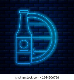 Glowing neon line Beer bottle and wooden barrel icon isolated on brick wall background.  Vector Illustration