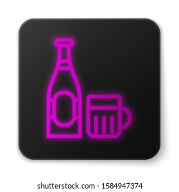 Glowing neon line Beer bottle and glass icon isolated on white background. Alcohol Drink symbol. Black square button. Vector Illustration