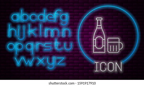 Glowing neon line Beer bottle and glass icon isolated on brick wall background. Alcohol Drink symbol. Neon light alphabet. Vector Illustration