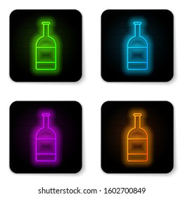 Glowing neon line Beer bottle icon isolated on white background. Black square button. Vector Illustration