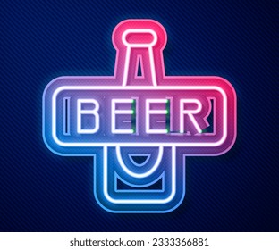 Glowing neon line Beer bottle icon isolated on blue background.  Vector