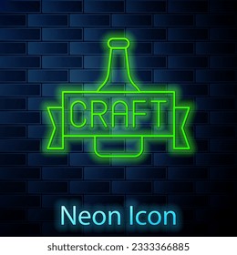 Glowing neon line Beer bottle icon isolated on brick wall background.  Vector