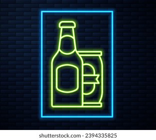 Glowing neon line Beer bottle and beer can icon isolated on brick wall background.  Vector