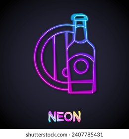 Glowing neon line Beer bottle and wooden barrel icon isolated on black background.  Vector