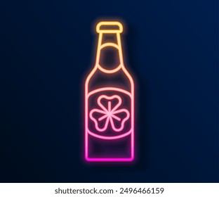 Glühende Neon-Linie Bierflasche mit Klee Trefoil Blatt Symbol einzeln auf schwarzem Hintergrund. Alles Gute zum St. Patricks Tag. Nationalfeiertag in Irland.  Vektorgrafik