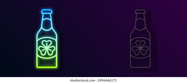 Glühende Neon-Linie Bierflasche mit Klee Trefoil Blatt Symbol einzeln auf schwarzem Hintergrund. Alles Gute zum St. Patricks Tag. Nationalfeiertag in Irland.  Vektorgrafik