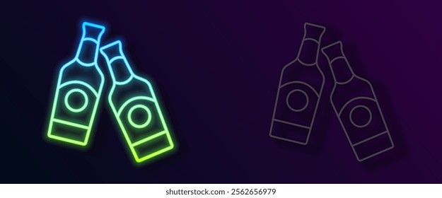 Glowing neon line Beer bottle icon isolated on black background.  Vector