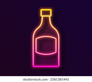 Glowing neon line Beer bottle icon isolated on black background.  Vector