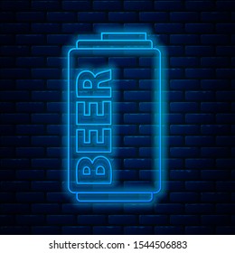 Glowing neon line Beer can icon isolated on brick wall background.  Vector Illustration