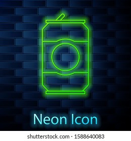Glowing neon line Beer can icon isolated on brick wall background.  Vector Illustration