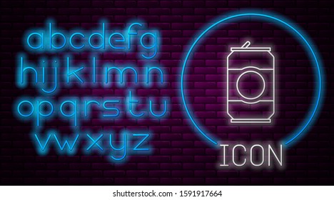 Glowing neon line Beer can icon isolated on brick wall background. Neon light alphabet. Vector Illustration