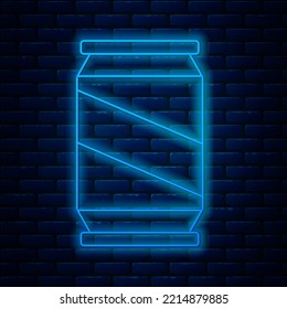 Glowing neon line Beer can icon isolated on brick wall background.  Vector