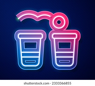 Glowing neon line Beer pong game icon isolated on blue background. Alcohol party game.  Vector