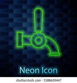Glowing neon line Beer tap icon isolated on brick wall background.  Vector Illustration