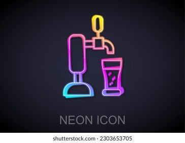 Glowing neon line Beer tap with glass icon isolated on black background.  Vector