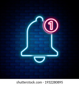 Glowing neon line Bell icon isolated on brick wall background. New Notification icon. New message icon. Colorful outline concept. Vector