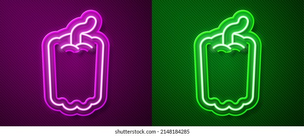 Glowing neon line Bell pepper or sweet capsicum icon isolated on purple and green background.  Vector