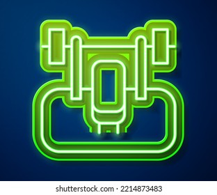 Glowing neon line Bench with barbel icon isolated on blue background. Gym equipment. Bodybuilding, powerlifting, fitness concept.  Vector