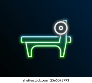 Glowing neon line Bench with barbel icon isolated on black background. Gym equipment. Bodybuilding, powerlifting, fitness concept. Colorful outline concept. Vector