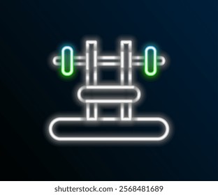 Glowing neon line Bench with barbel icon isolated on black background. Gym equipment. Bodybuilding, powerlifting, fitness concept. Colorful outline concept. Vector