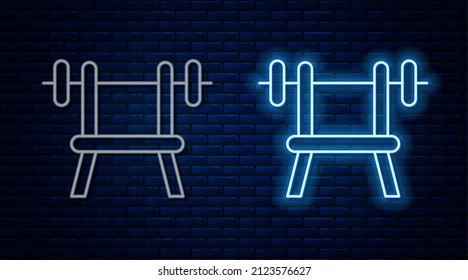 Glowing neon line Bench with barbell icon isolated on brick wall background. Gym equipment. Bodybuilding, powerlifting, fitness concept.  Vector