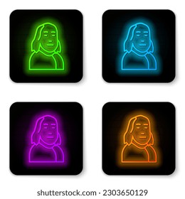 Glowing neon line Benjamin Franklin icon isolated on white background. Black square button. Vector