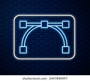 Glowing neon line Bezier curve icon isolated on brick wall background. Pen tool icon.  Vector