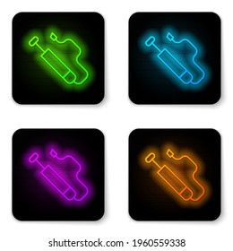 Glowing neon line Bicycle air pump icon isolated on white background. Black square button. Vector