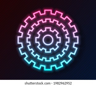 Glowing neon line Bicycle cassette mountain bike icon isolated on black background. Rear Bicycle Sprocket. Chainring crankset with chain.  Vector