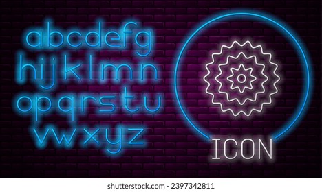 Glowing neon line Bicycle cassette mountain bike icon isolated on brick wall background. Rear Bicycle Sprocket. Chainring crankset with chain. Neon light alphabet. Vector