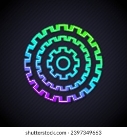 Glowing neon line Bicycle cassette mountain bike icon isolated on black background. Rear Bicycle Sprocket. Chainring crankset with chain.  Vector