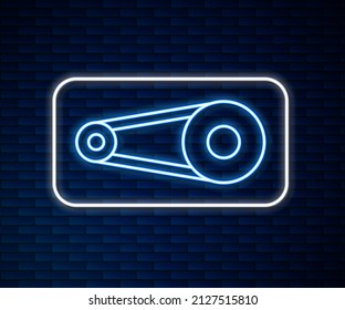 Glowing neon line Bicycle chain with cogwheels icon isolated on brick wall background. Bike chain sprocket transmission.  Vector