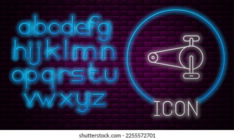 Glowing neon line Bicycle chain with cogwheels icon isolated on brick wall background. Bike chain sprocket transmission. Neon light alphabet. Vector