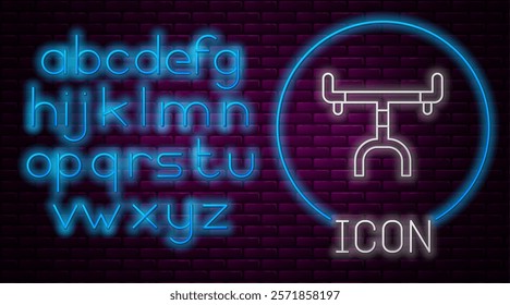 Glowing neon line Bicycle handlebar icon isolated on brick wall background. Neon light alphabet. Vector