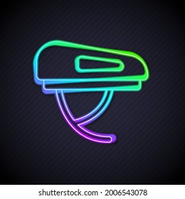 Glowing neon line Bicycle helmet icon isolated on black background. Extreme sport. Sport equipment.  Vector