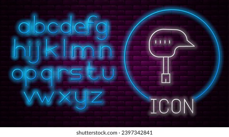 Glowing neon line Bicycle helmet icon isolated on brick wall background. Extreme sport. Sport equipment. Neon light alphabet. Vector