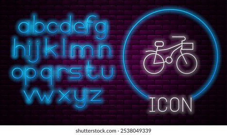 Glowing neon line Bicycle icon isolated on brick wall background. Bike race. Extreme sport. Sport equipment. Neon light alphabet. Vector