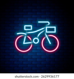 Glowing neon line Bicycle icon isolated on brick wall background. Bike race. Extreme sport. Sport equipment. Colorful outline concept. Vector