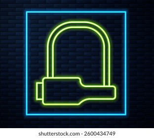 Glowing neon line Bicycle lock U shaped industrial icon isolated on brick wall background.  Vector Illustration
