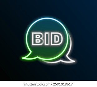 Glowing neon line Bid icon isolated on black background. Auction bidding. Sale and buyers. Colorful outline concept. Vector