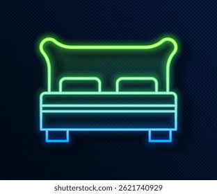 Linha de néon brilhante Cama grande para dois ou uma pessoa ícone isolado no fundo azul.  Vetor
