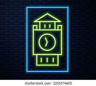 Glowing neon line Big Ben tower icon isolated on brick wall background. Symbol of London and United Kingdom.  Vector