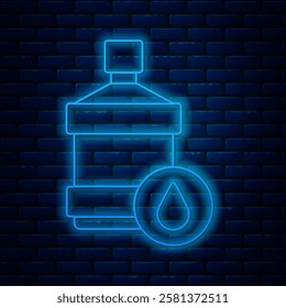 Glowing neon line Big bottle with clean water icon isolated on brick wall background. Plastic container for the cooler.  Vector