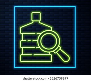 Glowing neon line Big bottle with clean water and magnifying glass icon isolated on brick wall background. Plastic container for the cooler.  Vector Illustration