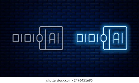 Glowing neon line Binary code icon isolated on brick wall background.  Vector