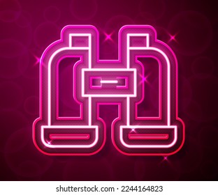 Glowing neon line Binoculars icon isolated on red background. Find software sign. Spy equipment symbol.  Vector